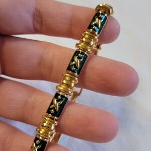 Vintage Joan Rivers Signed Green Enamel Gold Plated Bracelet Designer Signed
